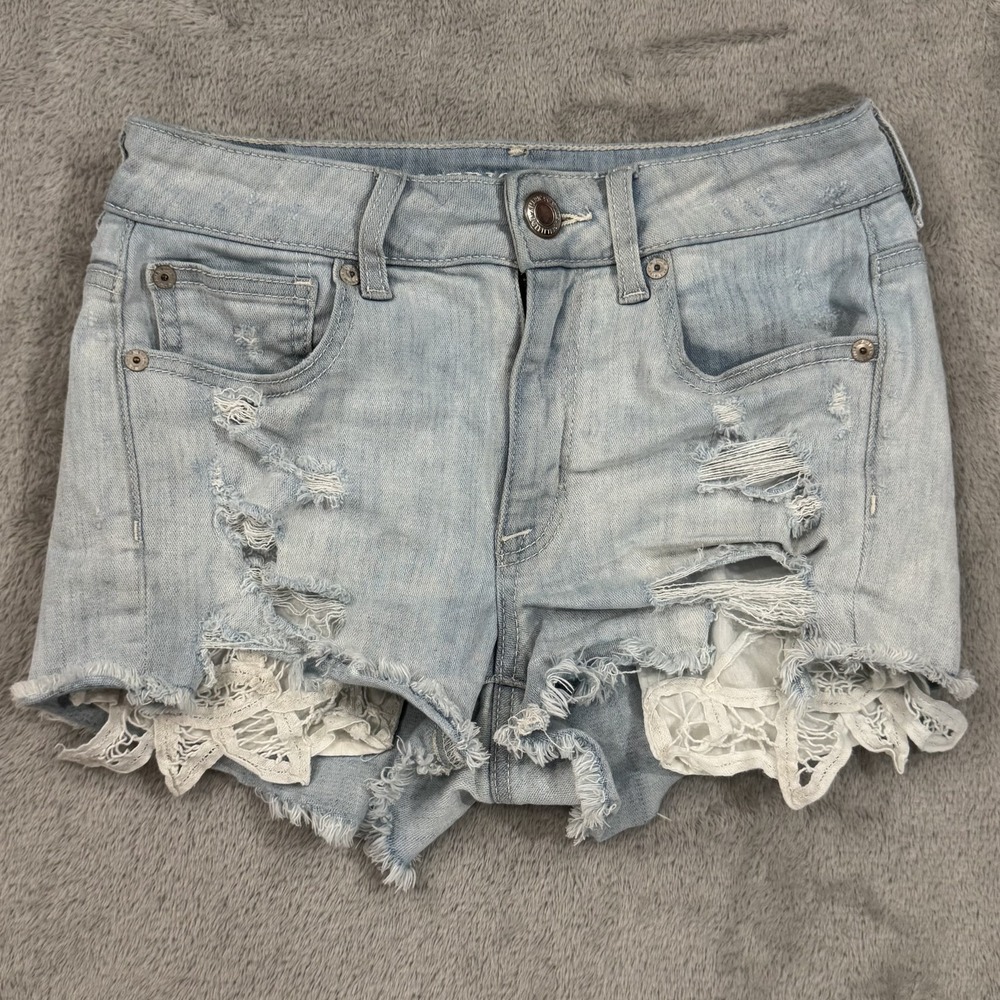 American Eagle Super Stretch Shorts Womens 2 Light Blue High Rise Shortie Lace